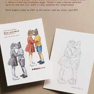 What you get with the bear and wolf printable coloring page: a black and white line art page to color and a bonus coloring examples page with Shani Nizan's colored version and color palette. Hand drawn adult coloring PDF.