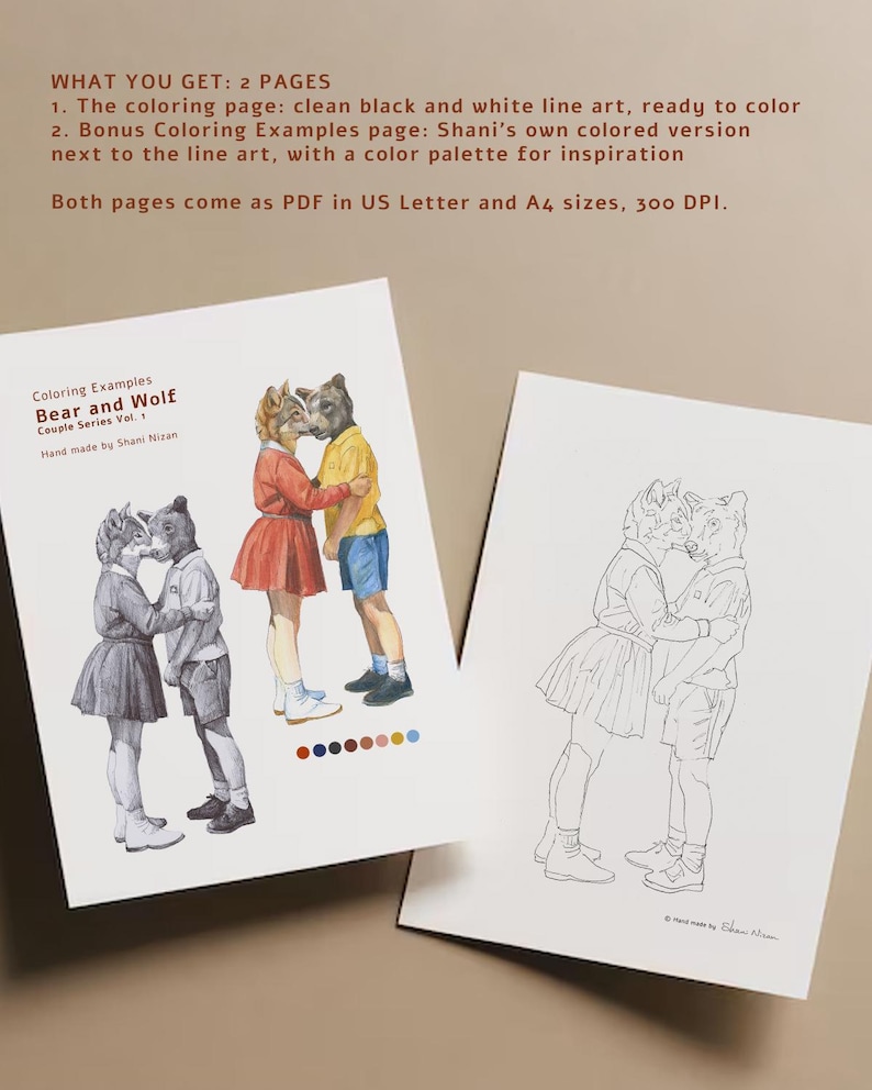 What you get with the bear and wolf printable coloring page: a black and white line art page to color and a bonus coloring examples page with Shani Nizan's colored version and color palette. Hand drawn adult coloring PDF.