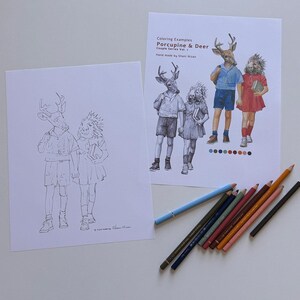 May include: Two white sheets of paper featuring line art and a colored illustration of a deer and a porcupine in human clothing. The text reads Coloring Examples Porcupine & Deer Couple Series Vol. 1 Hand made by Shani Nizan. Seven colored pencils.