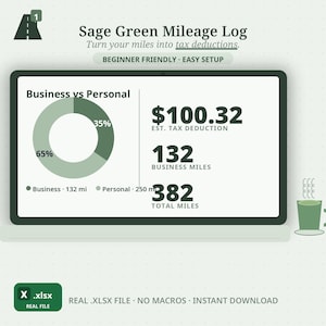 Sage Green Car Mileage Log Spreadsheet — Auto Tax Deduction Trip Log, IRS Deduction Record (Real Excel File)