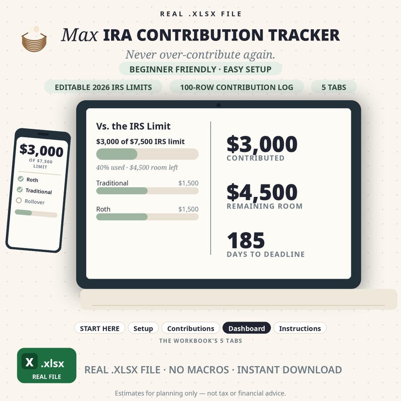 IRA Contribution Tracker Spreadsheet, 2026 Limits, Roth & Traditional ...