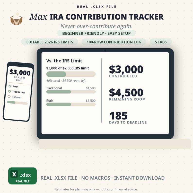 Progress Countdown Template IRA Contribution Tracker Spreadsheet, 2026 Limits, Roth & Traditional ...