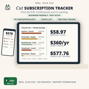 Pode incluir: Um arquivo de planilha digital de rastreamento de assinaturas exibido na tela de um laptop e smartphone. A interface apresenta uma lista de cancelamento, cálculos de economia anual e indicadores de status codificados por cores.