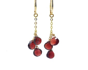 Garnet Earrings Dangle Gold Filled, Garnet Drop Earrings, January Birthstone Jewelry, Red Stone Cluster Earrings, Birthday Gift for Women