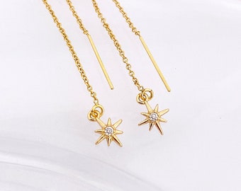 CZ Starburst Celestial Earrings, CZ Northstar Threader Earrings, Gold Filled Polaris North Star Dangle Earrings, Birthday Gift for Daughter