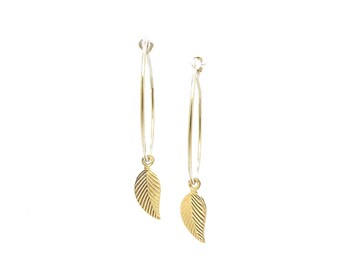 Leaf Charm Hoop Earrings, 20mm Minimalist Gold Filled Hoops with Charm, Gold Leaf Earrings, Gift for Her