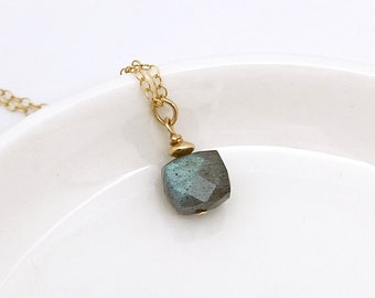 Labradorite Pendant Necklace Gold Filled, Labradorite Cube Necklace, Gift for Mom