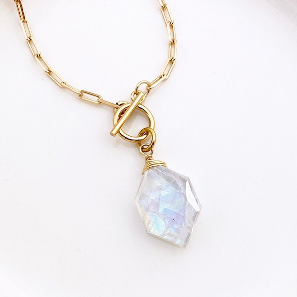 Rainbow Moonstone Necklace Gold Filled or Silver, Moonstone Pendant Toggle Necklace, June Birthstone Jewelry, Birthday Gift for Her