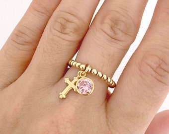 Gold Filled Cross Ring with Birthstone Charm, Dangle Charm Ring, Beaded Stretch Ring with Charms for Women, Christian Jewelry Gift for Her