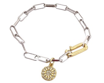 Silver and Gold Mixed Metal Charm Bracelet, Add A Charm Paperclip Link Bracelet