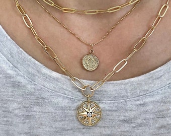 Chunky Link Chain Necklace with CZ Starburst Pendant, Gold Filled Paper Clip Chain Necklace with Charm