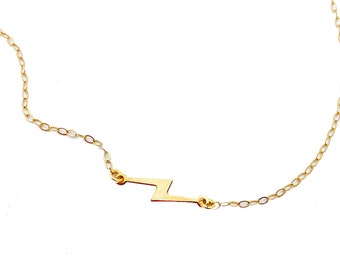 Sideways Lightning Bolt Necklace Gold Filled, Minimalist Dainty Gold Choker Necklace, Gift for Girls