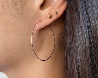 Large Gold Filled Hoop Earrings, Minimalist Hammered Hoops for Women 45mm