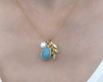 Amazonite and Pearl Charm Necklace Gold Plated, Aqua Stone Necklace for Women, Gift for Girlfriend