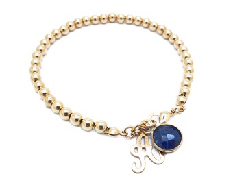 Personalized Birthstone Initial Bracelet with Sapphire Stone, 14K Gold Filled Ball Charm Bracelet, September Birthstone Jewelry