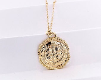 Medallion Cross Necklace Gold Filled, Gold Coin Necklace for Women