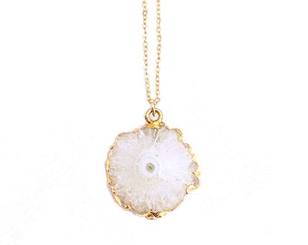 White Solar Quartz Druzy Necklace Gold Filled Chain, Stalactite Crystal Pendant, Boho Jewelry Gift for Mom