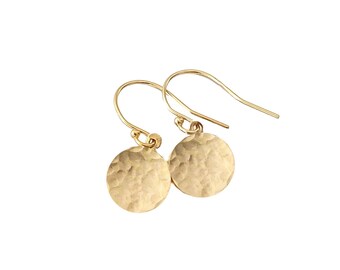 Hammered Disc Earrings Gold Filled, Minimalist Disk Dangle  Earrings, Gift for Mom