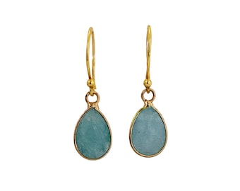 Gold Amazonite Dangle Earrings, Aqua Stone Earrings, Gift for Her