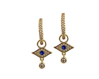 Turkish Evil Eye Charm Earrings Gold Filled, CZ Huggie Hoop Earrings with Charm, Gift for Mom