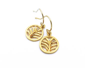 Nature Botanical Leaf Earrings, Round Disc Dangle Earrings Gold, Rose Gold or Sterling Silver