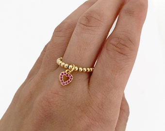 Rhinestone Heart Dangle Ring, Gold Filled Beaded Stretch Charm Ring