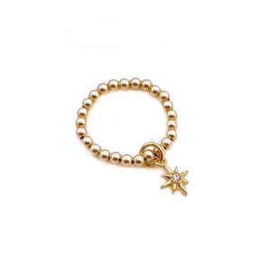 North Star Dangle Charm Ring Gold Filled, Beaded Stretch Ring with CZ Polaris Charm, Stacking Rings for Women