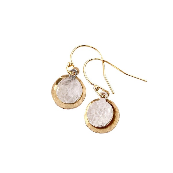 Mixed Metal Dangle Earrings, Hammered Disc Earrings Gold Filled Sterling Silver, Coin Earrings