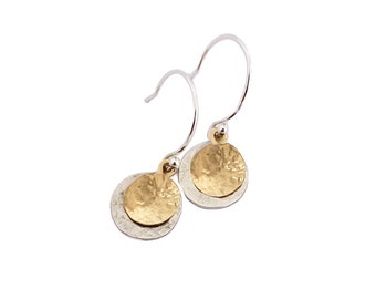 Disc Earrings Dangle, Mixed Metal Earrings, Hammered Disc Earrings Gold Filled Sterling Silver Coin Earrings