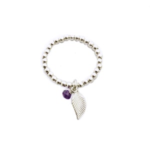 Dangle Charm Ring with Leaf and Birthstone, Birthstone Charm Ring, Silver Beaded Stretch Ring for Women