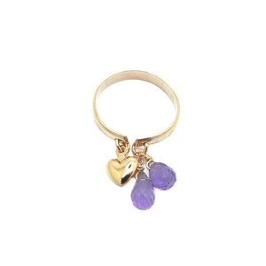 Amethyst Dangle Ring with Heart Charm, Purple Stone Unique Ring, Amethyst Jewelry, February Birthstone Gift for Her