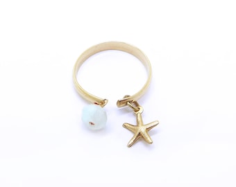 Aquamarine Ring Gold with Starfish Charm Gold Filled, March Birthstone Dangle Charm Ring