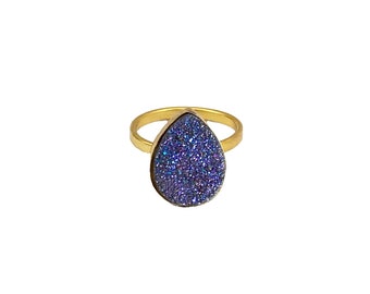 Titanium Druzy Ring Gold, Blue Drusy Statement Ring, Boho Ring for Women