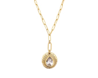 CZ Sunburst Pendant Necklace, Gold Filled Paper Clip Necklace with Charm, Link Chain Lariat Y Necklace for Women