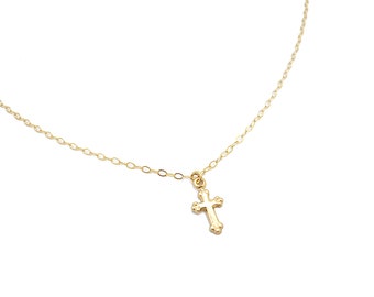 Dainty Cross Necklace Gold Filled, Minimalist Christian Cross Pendant Necklace for Women, Baptism Confirmation Gift for Girls