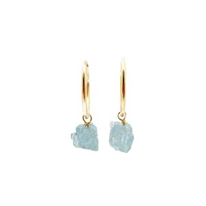 Raw Aquamarine Hoop Earrings Gold Filled, Aqua Stone Gemstone Earrings for Women, Handmade Dangle Earrings With Charm