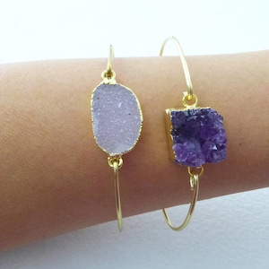 Natural Druzy Bangle Bracelet Gold, Boho Agate Stone Bracelet