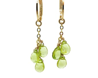 Gold Filled Peridot Dangle Earrings, Green Stone Cluster Earrings, August Birthstone Jewelry Gift for Mom