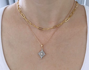 Micro Pave CZ Starburst Pendant Necklace Gold Filled or Layering Necklace Set of 2, CZ Cross Necklace for Mum, Double Necklace