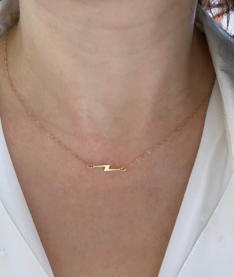 Sideways Lightning Bolt Necklace Gold Filled, Minimalist Dainty Gold Choker Necklace, Gift for Girls image 3