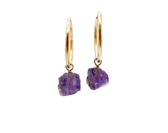 Raw Amethyst Hoop Earrings Gold Filled, Purple Stone Crystal Earrings for Women, Endless Hoops with Gemstones