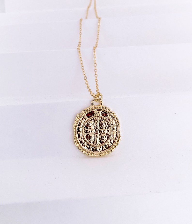 Medallion Cross Necklace Gold Filled, Gold Coin Necklace for Women image 2