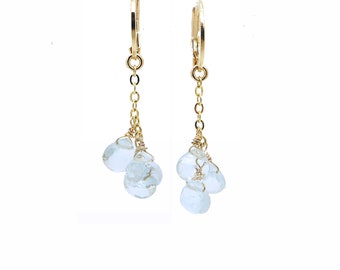 May include: A pair of gold-colored dangle earrings. Each earring features a gold hoop and chain, suspending three light blue, teardrop-shaped gemstones. The gemstones are wire-wrapped and hang freely, creating a delicate and elegant design.