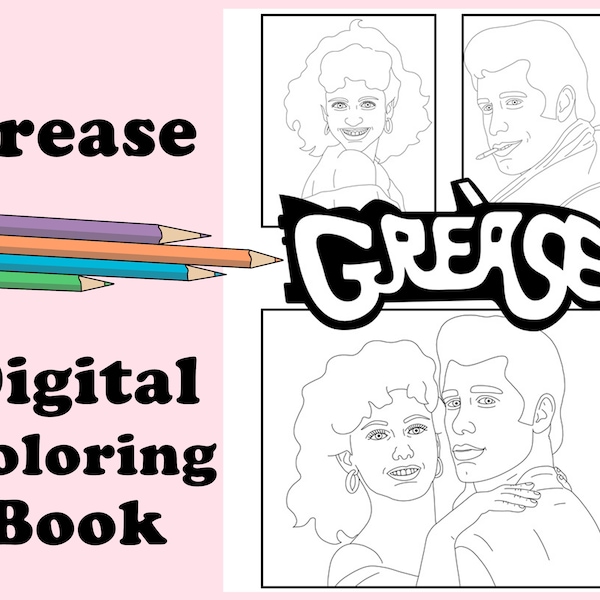 Grease Digital Adult Coloring Book // Instant Print PDF, Indoor Activity, Secret Santa, Art Therapy, Coloring Pages, 1950s, Movie, Travolta