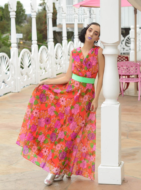 vintage 1970s red & bright floral gown