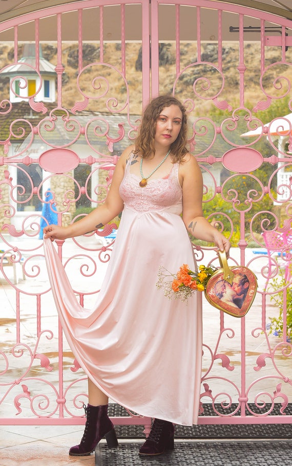 vintage 1970s blush pink OLGA full skirt maxi gown