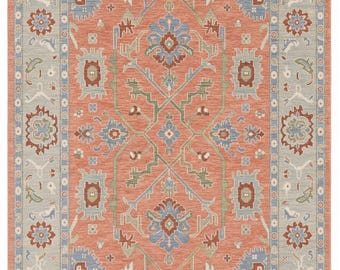Tapete Coral Oushak Floral em Lã, Tapete Oriental Turco Feito à Mão, Detalhes em Azul e Marfim, 2,44 x 3,05 m (8 x 10 pés)