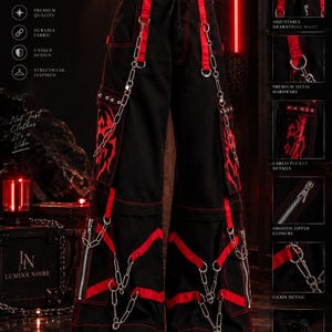 Lumina Noirs Men's Gothic Wide Leg Cyberpunk Red Spider Zip Off Punk Trouser Pants