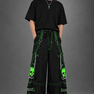 Lumina Noirs Men's Gothic Green Super Skull Wide Cargo Punk Rock Cyber Chains Pants