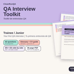 Puede incluir: Un kit de entrevista QA digital que incluye 63 preguntas, un glosario y una guía de CV. El documento PDF de 36 páginas se presenta en inglés y español lado a lado, con un esquema de colores en violeta, turquesa y tono melocotón.